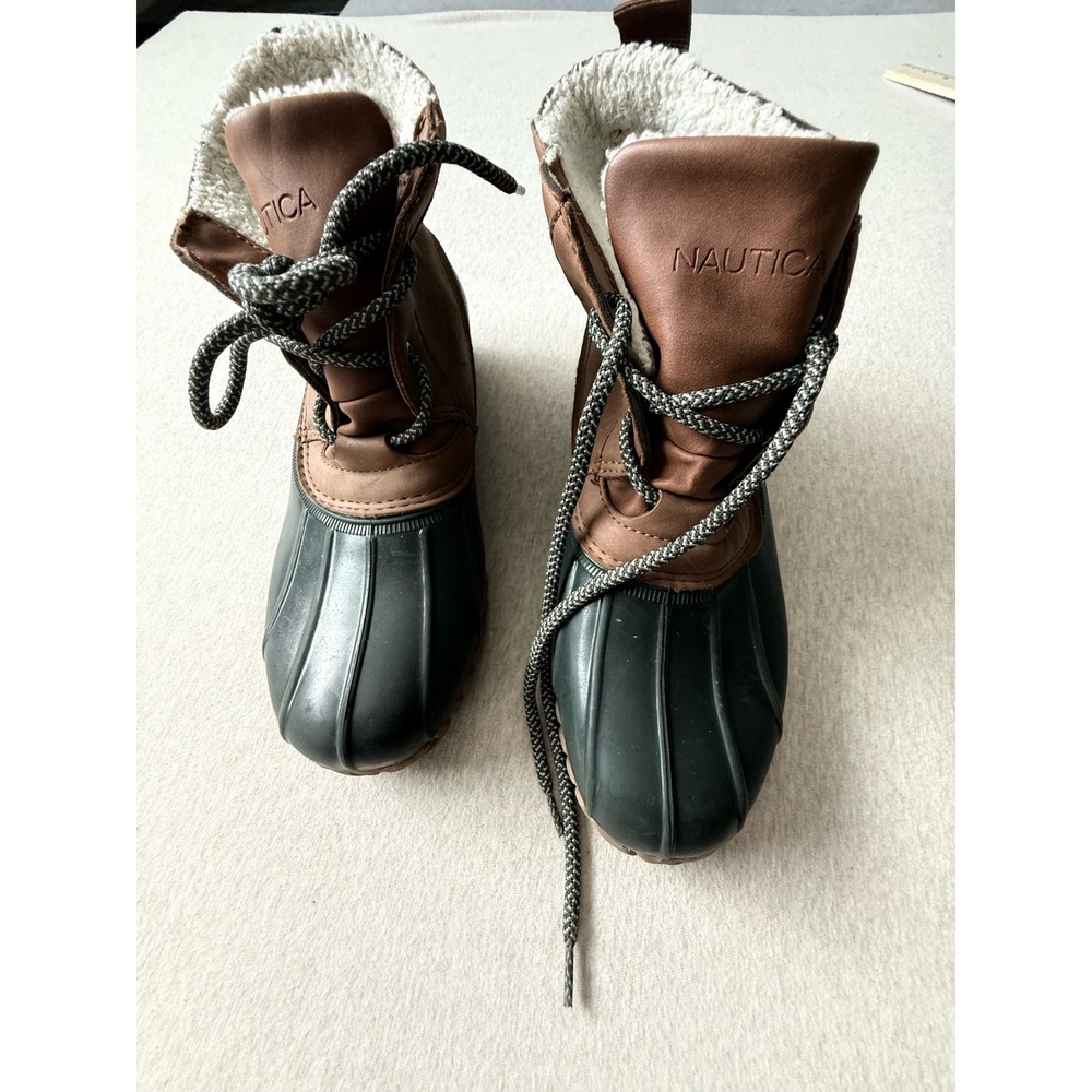 Nautica Cedar Duck Boots Brown Green Faux Shearling Lined Lace Up Mens Size 8